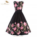SISHION Plus Size Summer Dress S-XXL Women Sleeveless Black Floral Print Swing Retro Vintage Rockabilly Dress Party Gown 487