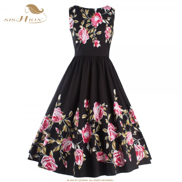 SISHION Plus Size Summer Dress S-XXL Women Sleeveless Black Floral Print Swing Retro Vintage Rockabilly Dress Party Gown 487