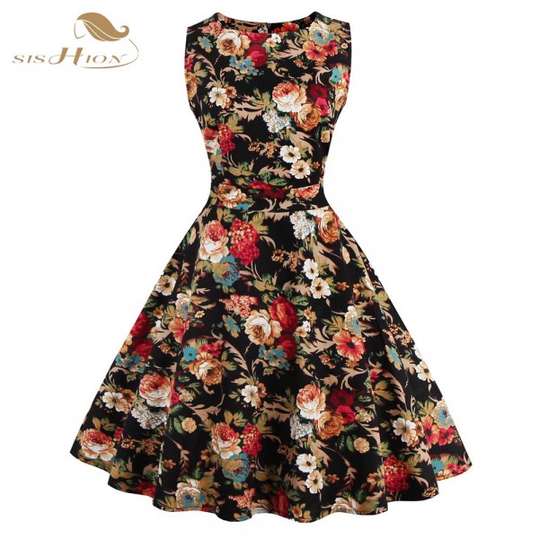SISHION Print Floral Dress Women Ladies Plus Size Flower Pattern Rockabilly 50s Vintage Dresses Club Sexy 60s Party Dress 0276B