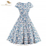 SISHION Summer Dress S-4XL Plus Size Women Cap Sleeve Blue White Black Polka Dot Floral Print Retro Swing Vintage Dress VD0414