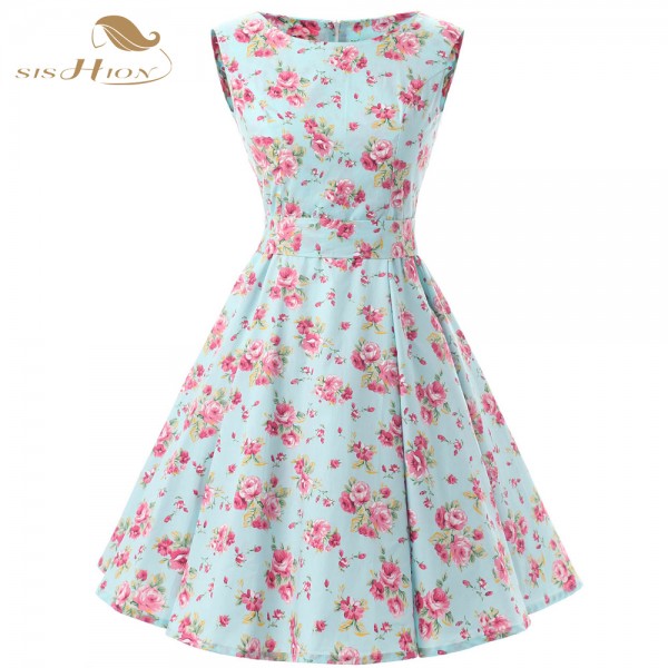 SISHION Women Floral Summer Dresses Sleeveless Retro 50s Plus Size Vintage Mint Green Casual Rockabilly Dress Tunic Vestidos 110