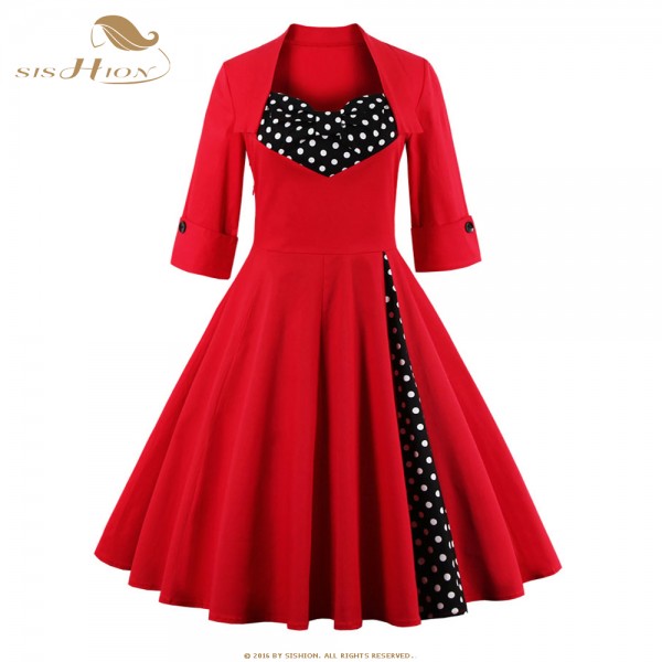 SISHION Women Red Dresses Patchwork Polka Dot Half Sleeve Dress Plus Size 50s 60s Big Swing Vintage Dress