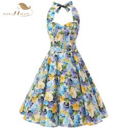 SISHION Women Summer Dress Plus Size XXL Halter Floral Retro Vintage Rockabilly Dress Pin Up vestidos Ladies Casual Dress VD0076