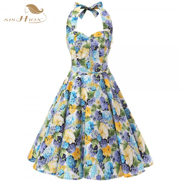 SISHION Women Summer Dress Plus Size XXL Halter Floral Retro Vintage Rockabilly Dress Pin Up vestidos Ladies Casual Dress VD0076