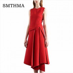 SMTHMA 2018 Spring Runway Designer Dress Women's High Quality Elegant sleeveless  Black /Red  Irregular Bottom Dress