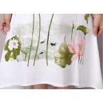 Saiqigui Summer Dress New Short sleeve white women dress casual cotton Linen dress lotus Printing o-neck vestidos de festa