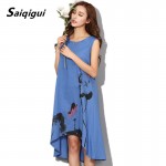 Saiqigui Summer dress 2017 New sleeveless white women dress casual cotton Linen dress lotus Printing o-neck vestidos de festa