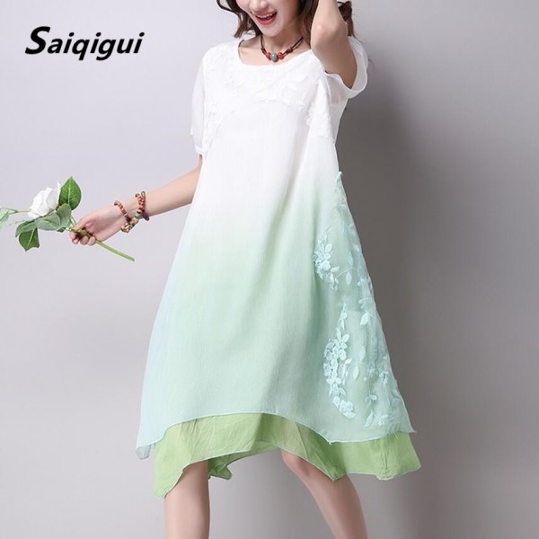 Saiqigui Summer dress New lace short sleeve gradation women dress casual cotton Linen dress Printing o-neck vestidos de festa