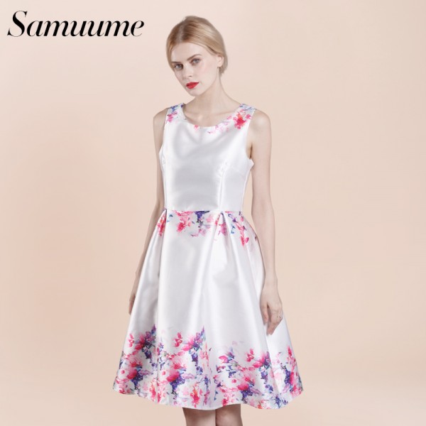 Samuume Elegant Floral Print Tank Party Dresses Women 2017 New O-Neck Sleeveless High Waist Pleated Midi Dress Vestidos A1611033