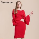 Samuume High Class Sexy Office Lady Temperament Flare Sleeve Round Neck Dress Women 2018 Bodycon Pencil Dress Vestidos A1609031