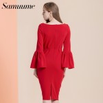 Samuume High Class Sexy Office Lady Temperament Flare Sleeve Round Neck Dress Women 2018 Bodycon Pencil Dress Vestidos A1609031
