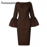 Samuume High Class Sexy Office Lady Temperament Flare Sleeve Round Neck Dress Women 2018 Bodycon Pencil Dress Vestidos A1609031