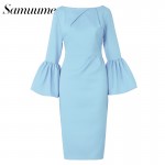 Samuume High Class Sexy Office Lady Temperament Flare Sleeve Round Neck Dress Women 2018 Bodycon Pencil Dress Vestidos A1609031