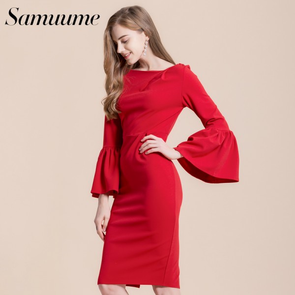 Samuume High Class Sexy Office Lady Temperament Flare Sleeve Round Neck Dress Women 2018 Bodycon Pencil Dress Vestidos A1609031