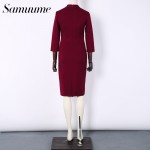 Samuume Office Lady Solid Sheath Three Quarter Women Dress 2017 Bow High Waist Work Wear Bodycon Pencil Dress Vestidos B1602058
