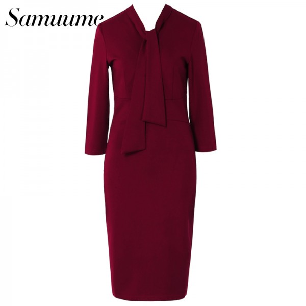 Samuume Office Lady Solid Sheath Three Quarter Women Dress 2017 Bow High Waist Work Wear Bodycon Pencil Dress Vestidos B1602058