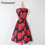 Samuume Vintage Rose Floral Print Embroidery Tank Dress Women 2017 New O-Neck High Waist Pleated Midi Dresses Vestidos A1604038