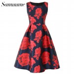 Samuume Vintage Rose Floral Print Embroidery Tank Dress Women 2017 New O-Neck High Waist Pleated Midi Dresses Vestidos A1604038