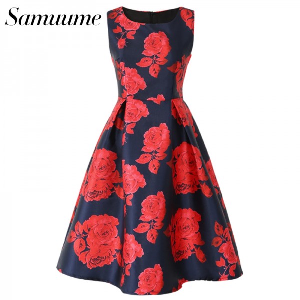 Samuume Vintage Rose Floral Print Embroidery Tank Dress Women 2017 New O-Neck High Waist Pleated Midi Dresses Vestidos A1604038