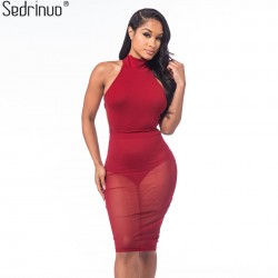 Sedrinuo Fashion Sexy Club Women Dress Slim Round Neck Backless Bodycon See Through Red Pencil Party Dresses Vestidos