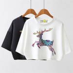 Sexy 2017 Spring  Summer New Leisure Cotton T Shirt Batwing Sleeve Fashion Deer  Animal Print Women Tops Tshirt White Black Tees