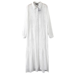 Sexy Beach Vacation Maxi Long Dress Turn-down Collar White Perspective Fairy Bohemia Side Split Trendy Women Long Sleeve femme