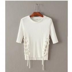 Sexy Metal eyelets lacing up Side T shirt 2016 New bralette bustier O neck Strappy side Tee Tops 3 color