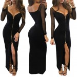 Sexy Slit Long Maxi Mesh Dress for Women Gown Evening Party Dress High Split Black Long Sleeve Semi Formal Prom Special Occasion