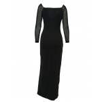 Sexy Slit Long Maxi Mesh Dress for Women Gown Evening Party Dress High Split Black Long Sleeve Semi Formal Prom Special Occasion