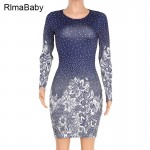 Sexy Vintage Print Flower Dot Women Mini Dress Slim O Neck Long Sleeve Feminino Bodycon Vestidos Night Club Party Pencil Dress