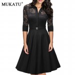 Sexy Women Autumn Dress 2017 A-line Turn-down Collar Elegant Black Dress Rockabilly Lace Dress Vintage Long Sleeve Office Dress