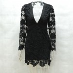 Sexy robe Backless Lace Dress  Deep V Long Sleeve Mini vestidos Openwork Crochet Club Party Women Dresses vestido de renda 
