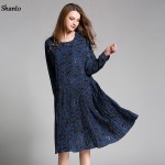 Shanto pleated plus size printed vintage dress long sleeve for women 2017 spring midi long oversized loose dresses female 1911LY