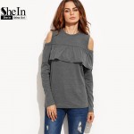 SheIn 2016 Autumn Fall Fashion T Shirt Women Tops Womens Clothing Grey Cold Shoulder Long Sleeve Ruffle Trim Casual T-shirt