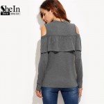 SheIn 2016 Autumn Fall Fashion T Shirt Women Tops Womens Clothing Grey Cold Shoulder Long Sleeve Ruffle Trim Casual T-shirt