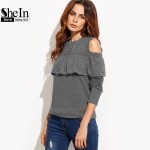 SheIn 2016 Autumn Fall Fashion T Shirt Women Tops Womens Clothing Grey Cold Shoulder Long Sleeve Ruffle Trim Casual T-shirt