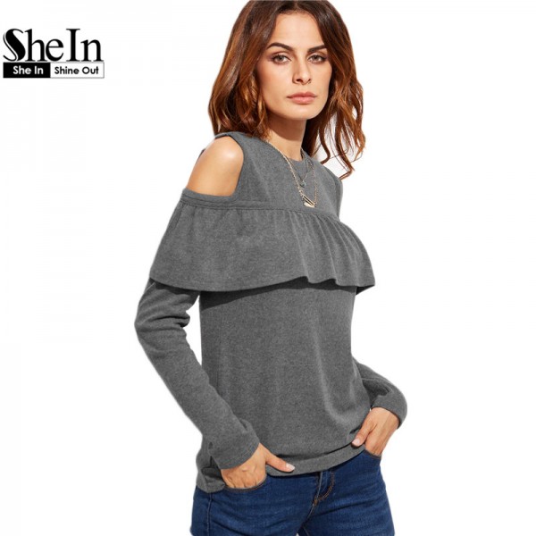 SheIn 2016 Autumn Fall Fashion T Shirt Women Tops Womens Clothing Grey Cold Shoulder Long Sleeve Ruffle Trim Casual T-shirt