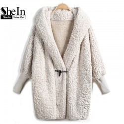 SheIn 2016 Hooded Outwear Winter Newest Fashion Design Women's Apricot Batwing Long Sleeve Loose Streetwear Hoody White Coat