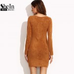 SheIn 2016 Ladies Sheath Autumn Dresses Women Long Sleeve Camel Faux Suede Lace Up V Neck Sexy Mini Bodycon Dress