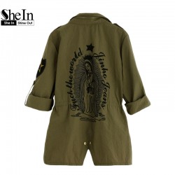 SheIn Army Green Printed Back Lapel Drawstring Waist Zipper Utility Coat Women Autumn Outerwear Classic Trench Coat