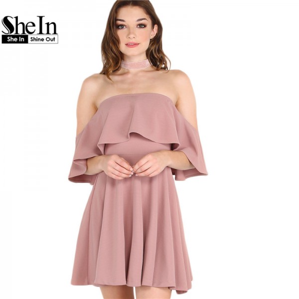 SheIn Autumn Dress Womens Sexy Party Night Club Dress Short Sleeve Women Fall Dresses 2016 Off The Shoulder Skater Dress