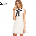 SheIn Autumn Dresses Women 2016 Ladies White Party Dresses Bow Tie Neck Sleeveless Elegant Frayed Trim Tweed Dress