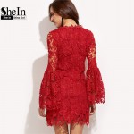 SheIn Autumn Women Bodycon Dress Round Neck Party Dresses Red Embroidered Lace Overlay Long Flare Sleeve Sheath Dress
