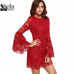 SheIn Autumn Women Bodycon Dress Round Neck Party Dresses Red Embroidered Lace Overlay Long Flare Sleeve Sheath Dress