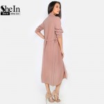 SheIn Autumn Womens New Fashion Coffee Lapel Long Sleeve Trench Coat Ladies Open Front Tie Waist Casual Long Outerwear Coats