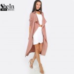 SheIn Autumn Womens New Fashion Coffee Lapel Long Sleeve Trench Coat Ladies Open Front Tie Waist Casual Long Outerwear Coats