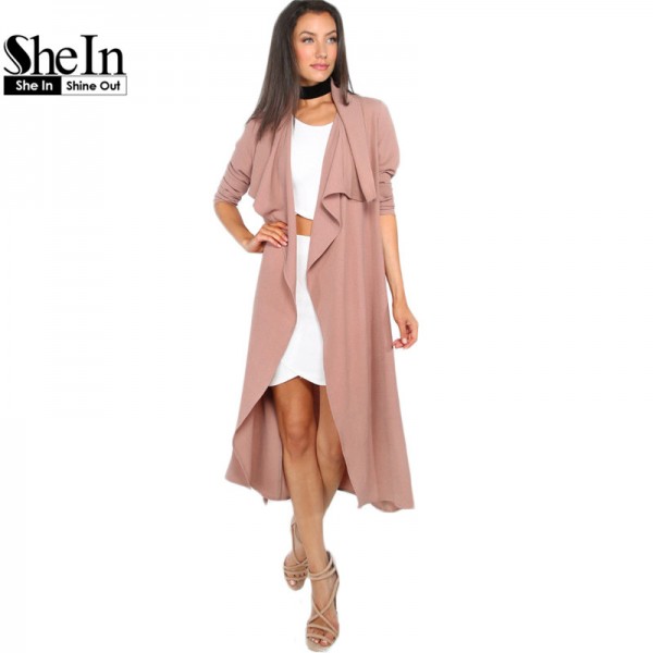 SheIn Autumn Womens New Fashion Coffee Lapel Long Sleeve Trench Coat Ladies Open Front Tie Waist Casual Long Outerwear Coats