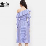 SheIn Blue Striped Asymmetric Ruffle Off The Shoulder Belted Shirt Dress Womens Long Sleeve Knee Length A Line Dress