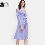 SheIn Blue Striped Asymmetric Ruffle Off The Shoulder Belted Shirt Dress Womens Long Sleeve Knee Length A Line Dress