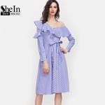 SheIn Blue Striped Asymmetric Ruffle Off The Shoulder Belted Shirt Dress Womens Long Sleeve Knee Length A Line Dress